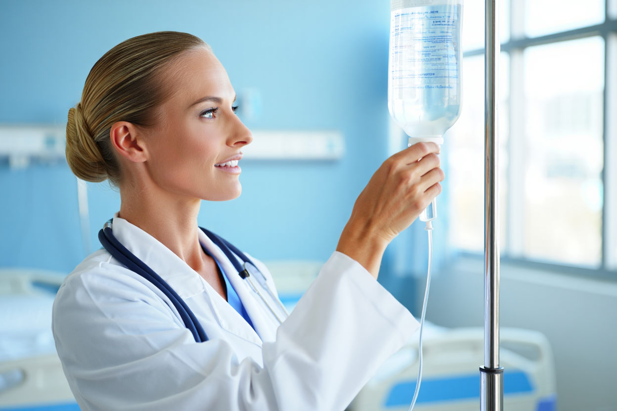 Женщина-врач в белом халате настраивает капельницу в палате — инфузионная терапия при лечении алкоголизма